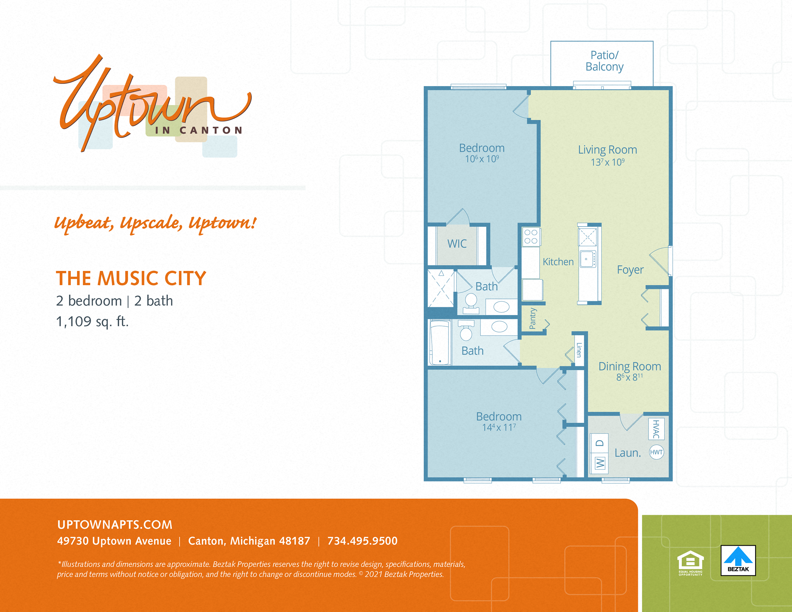Floor plan for 2 beds, 2 baths, 1109 sqft